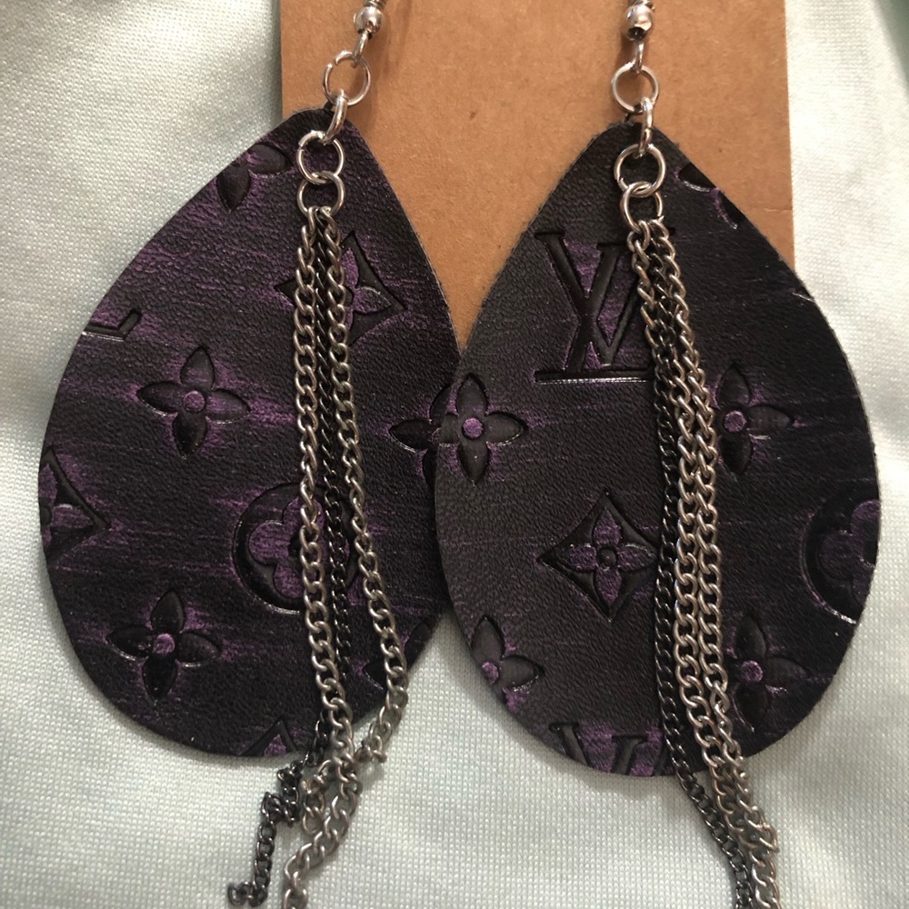 Purple Teardrop Leather Earrings with Silver Chain Tassels